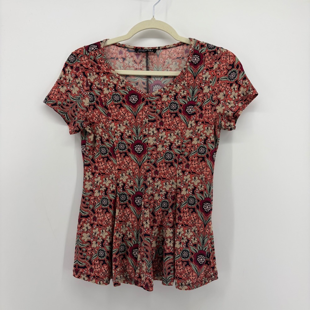 Roz & Ali Womens Petite XS Coral Red Floral Short Sleeve Peplum Blouse Top